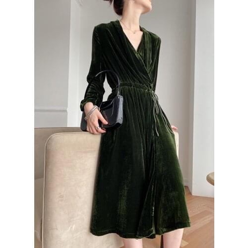2021 Vintage Dress Woman 100% Silk Elegant Dresses for Women Midi Dress Female V-neck Spring Autumn Clothes Vestidos Pph3378