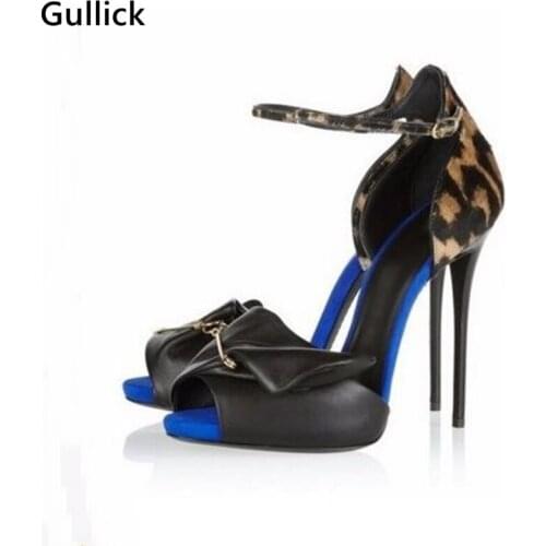 Leopard High Thin Heels Newest Fashion Mixed Color Patchwork Women Dress Shoes Bowknot Decor Sexy Peep Toe Sandals Female