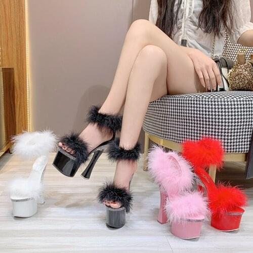 Fur Women Sandals Fashion Peep Toe Women Shoes Summer High Heel 17.5CM Elegant Platform Female Party Shoes Sandals Black Pink