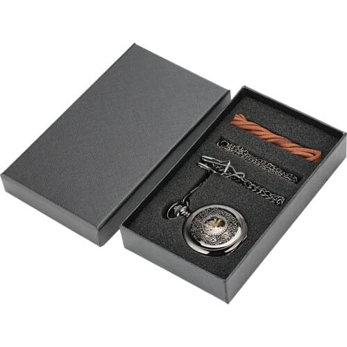 Retro Hollow Out Black Mechanical Pocket Watch Gifts Set Jewelry Box Necklace Chain Pendant Christmas Gifts for Men Women Friend