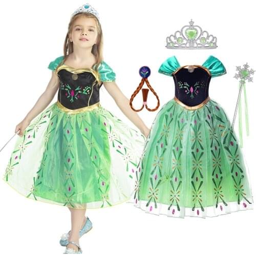 Girls Green Anna Dress Summer Children Snow Queen Party Princess Costume Kids Halloween Birthday Party Clothes for 2-10 Years