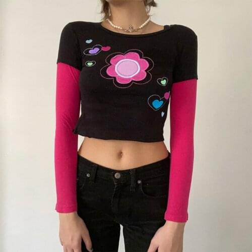 Women Fake 2pcs Long Sleeve T-Shirt O-Neck Contrast Color Patchwork Crop Top Colorful Floral Embroidery Slim Blouse