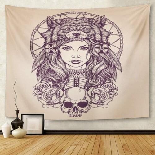 Red Tattoo American Girl Wolf Headdress Lineart Indian Tapestry Wall Hanging for Living Room Bedroom Dorm 50x60 inches