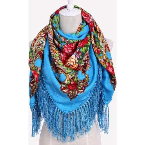 HOT Sale Russian Brand New Fashion Big Size Square Scarf Cotton Long Tassel Print Scarf in Spring Winter Shawl For Women floural
