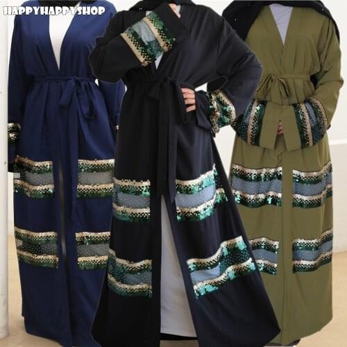 3 Colors Eid Abaya Dubai Kimono Cardigan Coat Islamic Muslim Kaftan Jilbab Robe Maxi Dress Turkish Belted Caftan Tunic Gowns