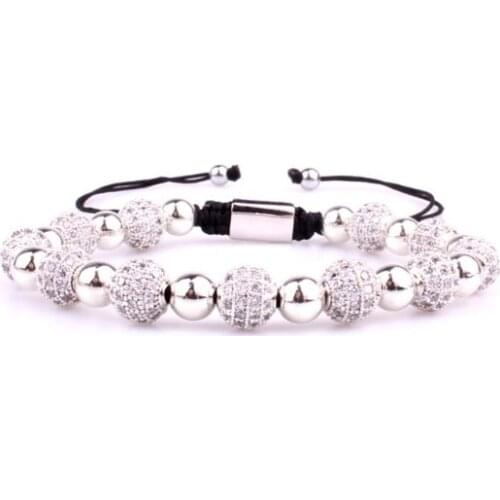 Crown micro pave Copper gold silver metal cz Cubic Zirconia rope adjustable Beads Bracelet Charm Braided Bangles dfg35