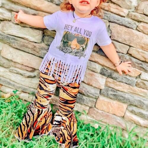 2021 Girl’s Short-sleeved and Trousers Suit Fashion Letter Tassel T-shirt and Tiger Pattern Trumpet Long Pants