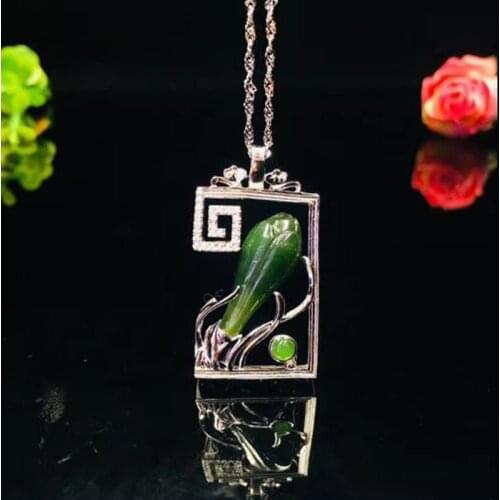 Natural Hetian Jasper Pendant Jade Frame Set Magnolia Pendant With 925 Silver Necklace Fine Jewelry