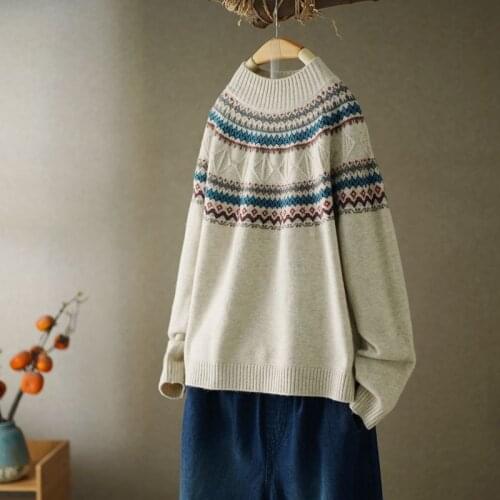 2021 spring and autumn fashion new loose short ethnic style pullover half high neck sweater western style sweater women