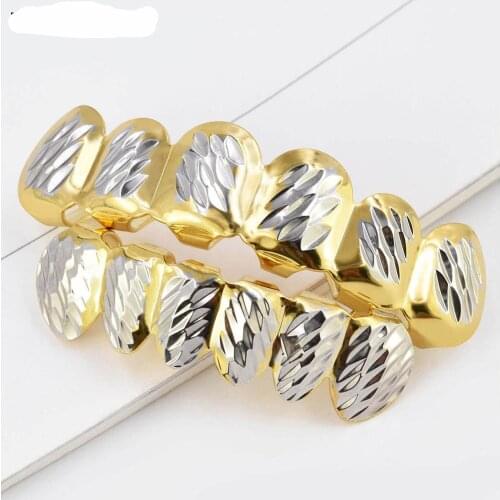 New Fashion Charm Iced Out Fit D - Cut 6 Tooth Gold Color Plated Top & Bottom Hip Hop GRILLZ SET for Halloween Christmas Party
