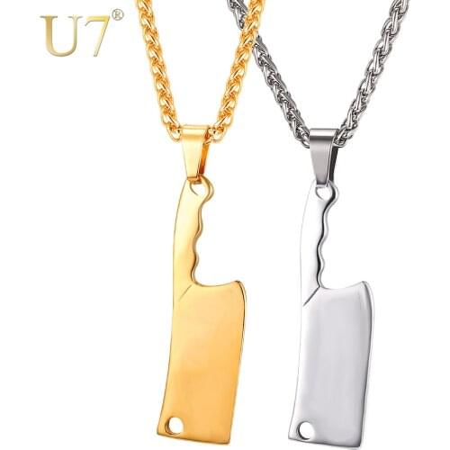 U7 Big Kitchen Knife Charms Pendant Necklace For Men Gift Broadsword Necklaces Hip Hop Jewelry Stainless Steel Gold Color P1107