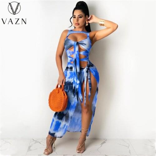VAZN 2021 Summer Boho Party Print Pleated Sleeveless Maxi Dress Women Elegant Fashion Dress Slim Club Birthday Shinny Dress