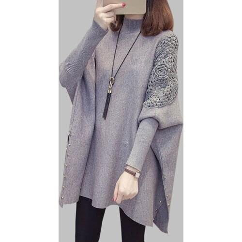 Gray Knitted Turtleneck Pullovers women Autumn And Winter new Batwing Sleeve Hollow Sweater Casual Loose Thick Sweaters women