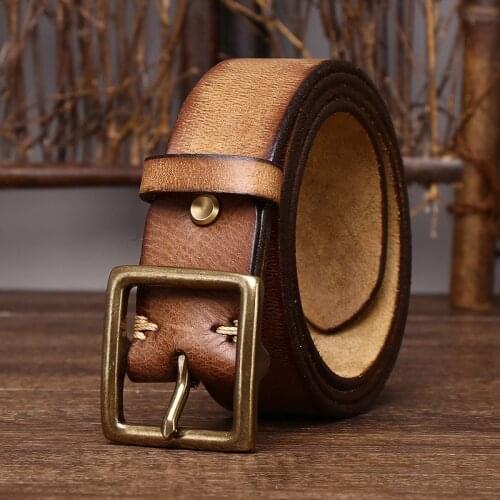 Retro Cowboy Jeans Genuine Leather Belt Cowskin Men Ceinture Vintage Brass Belt Buckle Leather Belt For Men Waist