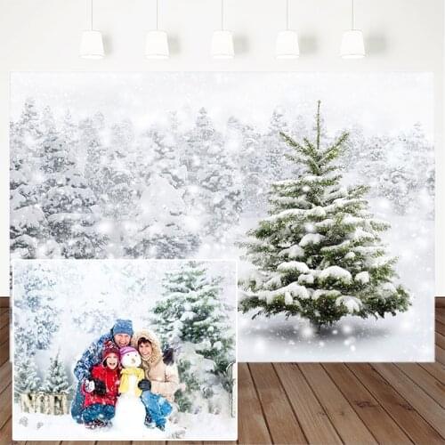 Christmas Theme Backdrop Winter Snow Standing Pine Tree White Bokeh Photography Background For Photo Studio