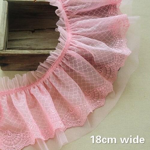 Pink Mesh Elastic Pleated Embroidered Lace Fabric DIY Baby Bib Cuff Skirt With Ruffled Edge Trim Home Textile Accessories Renda