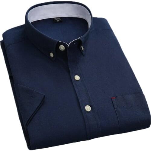 AOLIWEN Men 50% Cotton Navy Oxford Solid Color Short Sleeve Shirt 2021New Summer Casual Thin Breathable Antibacterial Slim Shirt