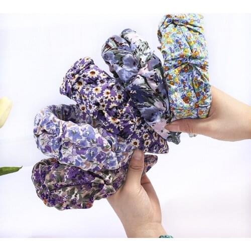 Sexy Purple Fabric Big Hair Band For Women Wide Flower Daisy Print Chiffon Folds Hairbands Headdress Customized Hair Accessories