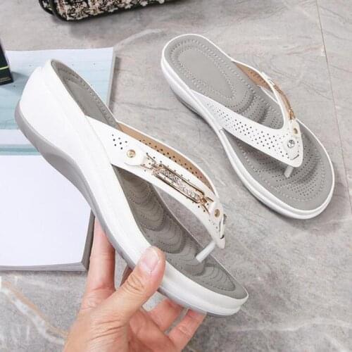 2021 Summer Women Slippers Fashion Metal Button Thick Bottom Female Flip Flops Casual Slip-On Beach Ladies Wedge Slippers
