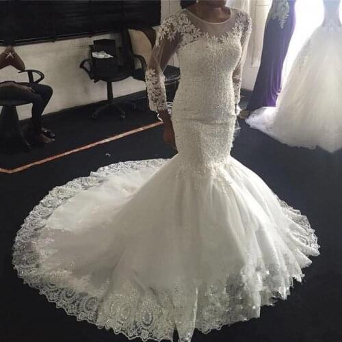 Long Sleeves Wedding Dresses Mermaid Lace Appliques Beaded O-Neck Plus Size Bridal Gowns Bride Dress Vestido De Noiva