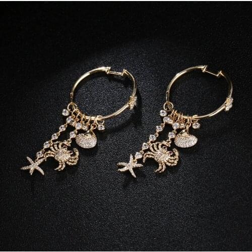 UMGODLY Luxury Cubic Zirconia Crab Drop Earring Gold Color Big Exaggerat Sea Style Starfish Shell Earrings Fashion Women Jewelry