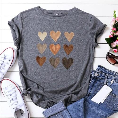 Summer T Shirt 100%Cotton Women Shirts Fashion Heart Print T-Shirt O Neck Short Sleeve Tees Shirt Femme Vintage Women Tops