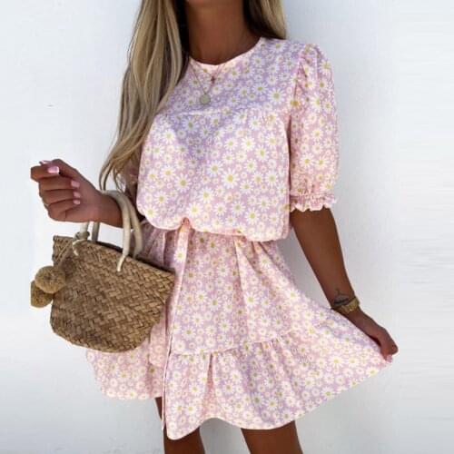 Puff Sleeves Ruffled Print Dress Women Fashion O-Neck Flowers Asymmetrical Mini Sundress Summer Ladies Boho Beach Vestidos 2021
