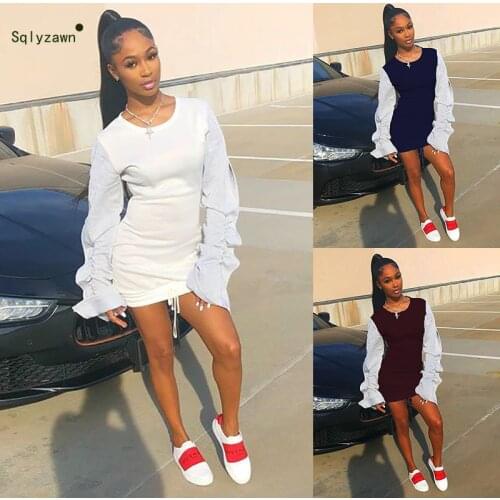 Winter white Sexy Sweatshirt Dress Women Autumn Patchwork Long Puff Sleeve Hoodie Dress Casual Mini T Shirt Dresses Streetwear