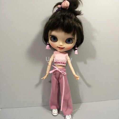2pcs/set 1/6 Blyth Doll Clothes Cool Crop Tops + Wide-leg Pants Pink Outfits for Azone, Licca, Barbies Doll Clothing