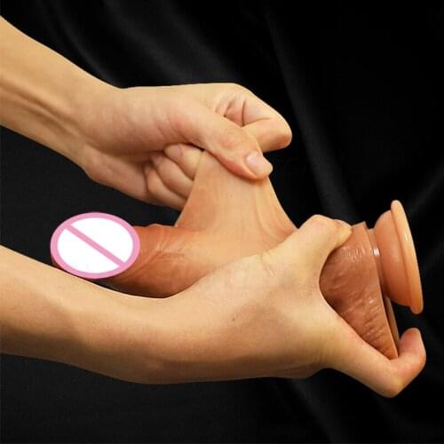 20cm Realistic Simulation Sliding Foreskin Big Dildo G Spot Stimulate Soft Silicone Penis Huge Fake Dick Suction Cup Sex Toys