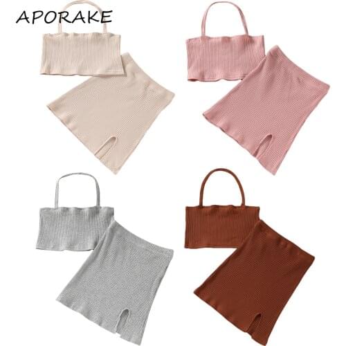 2021 2-7Y Kids Baby Girl Clothes Set Summer 4 Colors Solid Halter Crop Top+Split A-line Skirt Fashion Outfits 2pcs