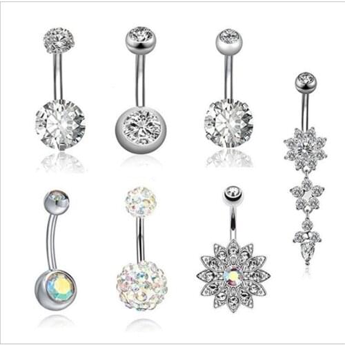 7PCS/Set Surgical Steel Dangle Navel Rings CZ White Crystal Navel Bars Flowers Women Belly Button Ring Navel Piercing Jewelry