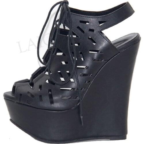 BERZIMER Women Platform Wedge Sandalse Cut Outs Lace Up Summer Sandalias Pumps Zapatos Summer Ladies Shoes Woman Size 39 42 43