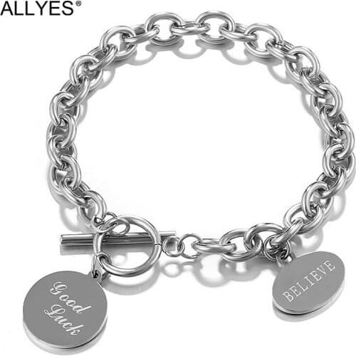 ALLYES Simple Thick Chain Bracelets Statement Hip Hop OT buckle Good Luck Believe Charm Stainless Steel Bracelet Men Jewelry