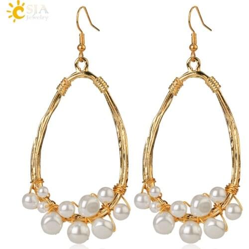 CSJA 2020 New Arrival Freshwater Pearl Earrings Baroque Gold Color Geometric Earring for Women Girl Wedding Dangle Jewelry S615