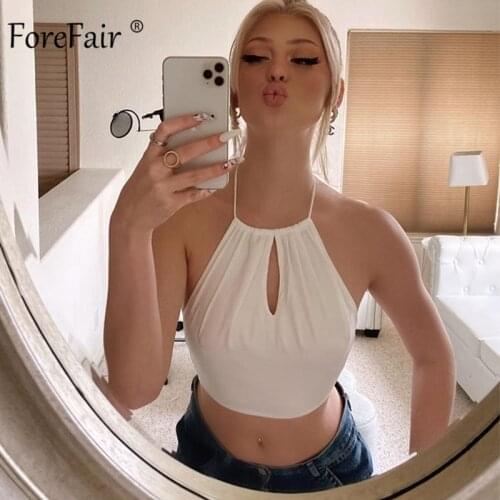 Forefair Sexy Hollow Out Halter Crop Tops Bandage Club Bare Back Off Shoulder White Slim Fashion Strapless Tank Tops For Women