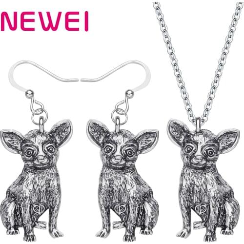 Newei Alloy Plated Antique Gold Chihuahua Dog Jewelry Sets Long Animal Earrings Necklace For Girls Kid Novelty Gift Accessories