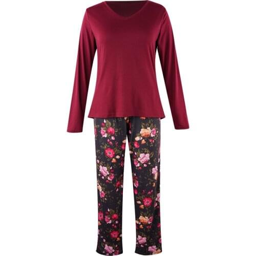 V-Neck Long Sleeve T-shirt Tops Floral Print Full Length Pants 2Pcs Pajamas Sets for Women Spring Summer Laies Sleepwear Pajamas