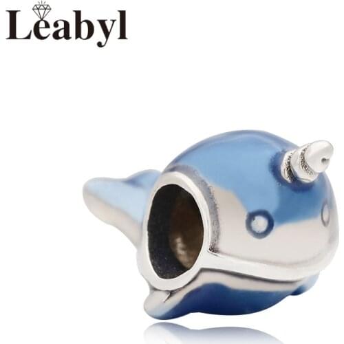 Leabyl New Classic Lake Blue Enamel Dolphin Charm fit Bracelet Necklace Silver Color Lovely Sea Animal Beads for DIY Jewelry