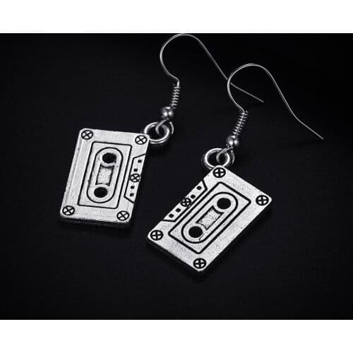 Trendy Vintage Cassette Shape Dangle Antique Silver Plated Earrings for Women Girl Retro Drop Earrings Cute Earring Jewelry