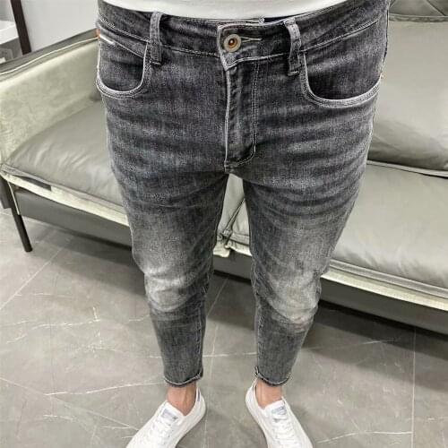 Autumn winter 2021 Fashion brand black-grey stretch comfortable jeans mens denim feet pants fashion casual ankle length pants