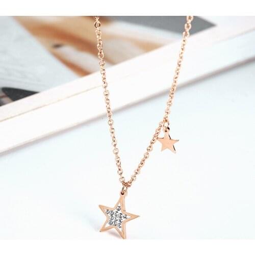 Stainless Steel Initial Pentagram Necklace with Crystals Rose Gold Charm Choker Necklace for Women Collier Femme Jewelry