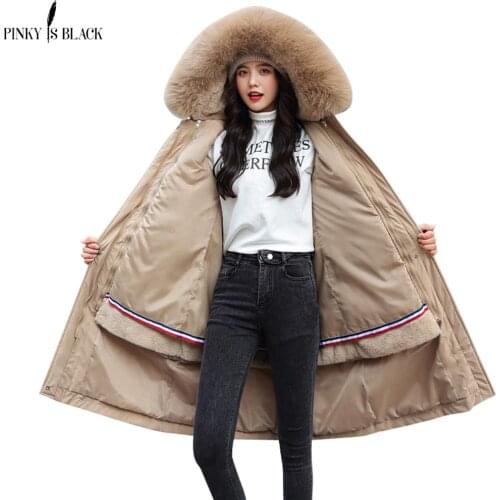 PinkyIsBlack Women X-long Wool Liner Jacket 2020 Winter Solid Slim Parkas With Fur Collar Hooded Oversized Thick Chaquetas Mujer