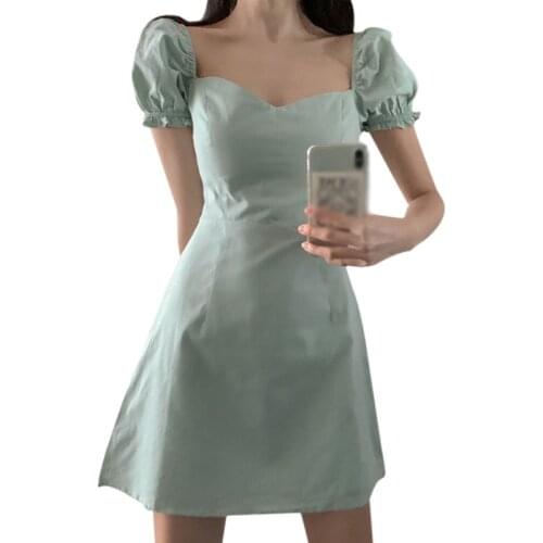 Women Summer French Square Neckline Dress Solid Color Slim Elegant Bubble Sleeve A-line Vestidos New