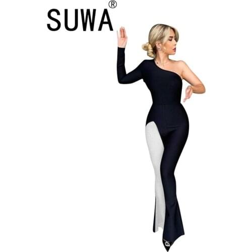 All Black Skew Neck Long Sleeve Skinny Jumpsuits Sexy Tight Club Party Lady Fashion Bodysuits