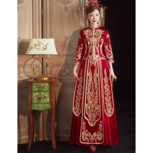 Luxury Vintage Cheongsam Modern Chinese Traditional Wedding Dress Women Vestido Elegent Long Phoenix Embroidery Qipao Size S-XXL