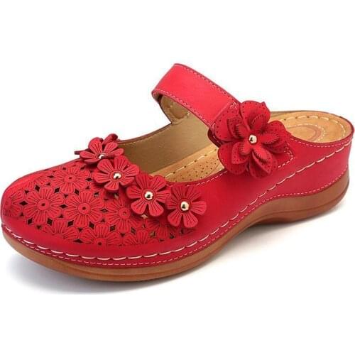 Women Sandals Ladies PU Slip On 5CM Wedges High Heels Round Toe Shallow Back Strap flip flop Retro Comfortable Non-slip Flowers