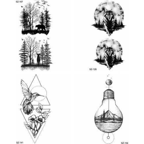 Sexy Black Pine Tree Temporary Tattoo Wolf Stickers Women Geometric Trochilus Fake Tatoos Lamp Bulb Water Transfer Tattoo Land