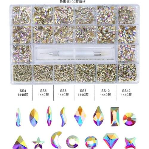 Swarovsky 21 Grids Multi-size Crystal AB Nail Rhinestones Drill Pen Irregular 3D Nails Art Decorations Accessories