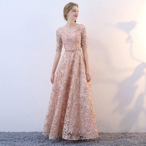 V-neck Half Sleeves Flowers A-line Vintage Elegant Lace Up Party Frocks Dresses Floor Length Evening Dresses